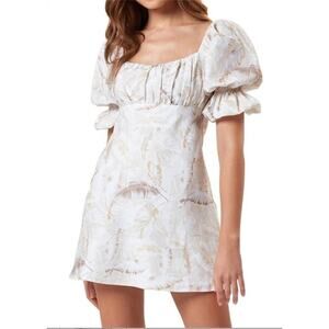 Charlie Holiday Ivory Tropical Palm Print Puff Sleeve Mini Dress US 4 Babydoll